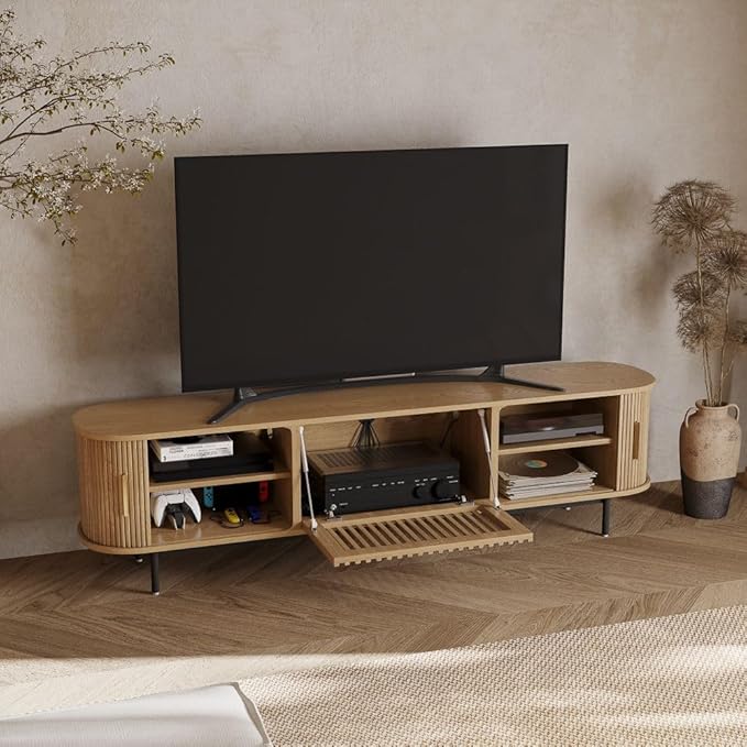 POVISON Fully-Assembled Mid Century Modern TV Stand for 75 inch TV, Sliding Door Entertainment Center with Storage, Wood TV Console, Media Console for Living Room Bedroom(Oak, 78.74")