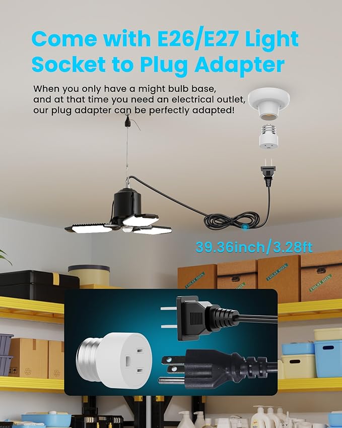 Kryoza Garage Motion Sensor Lights Plug-in 2Pack, 8000LM Super Bright Motion Activated LED Shop Light, 360° Detection & Retractable Steel Wire, Indoor Motion Light Bulb for Attic/Barn