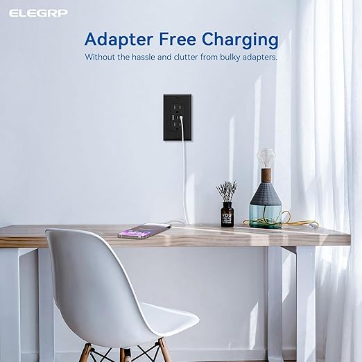 ELEGRP USB Outlets, 15 Amp Wall Outlet with 3 USB Ports, Dual USB C Ports Outlets, TR Tamper-Resistant USB Outlets Receptacles, Wall Plate Included, UL/CUL Listed, 10 Pack, Black