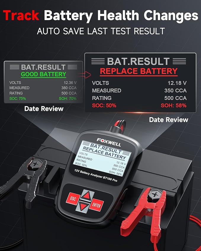 FOXWELL BT100 Pro Car Battery Tester, 12V Battery Load Tester, 100-1100CCA Automotive Alternator Tester Digital Auto Battery Analyzer for Car Truck Motorcycle SUV, Boat, RV, Marine & Pickup