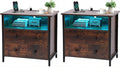 Tykacna 27 Inch Wide Night Stand, Large Wood Night Stand Set 2 with 2 Drawers, LED Nightstand with Charging Station and Adjustable Drawer, Bedside Table for Living Room/Bedroom/Study/Office, Retro.