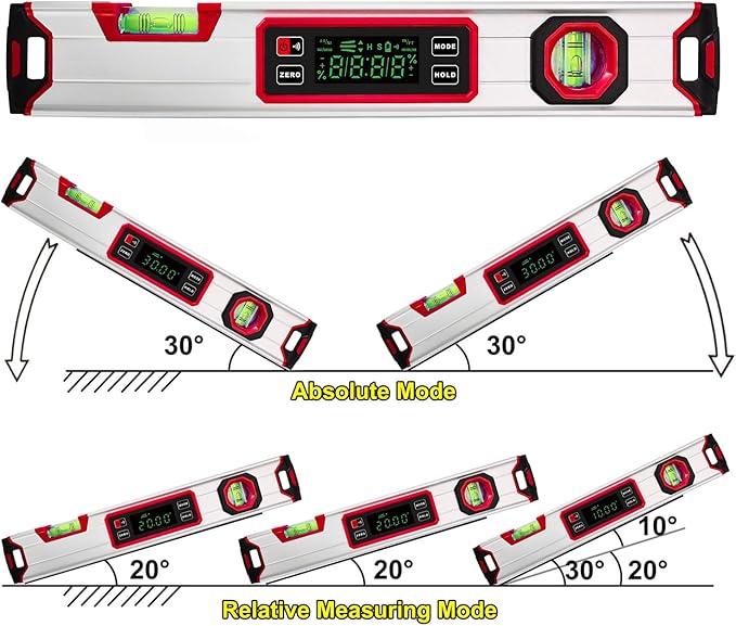eOUTIL 15.7-Inch Digital Torpedo Level & Angle Finder – IP54 Waterproof Inclinometer with Backlit LCD, V-Groove Magnetic Base, 0.1° Accuracy – for Construction, Woodworking, Metalworking（Red)