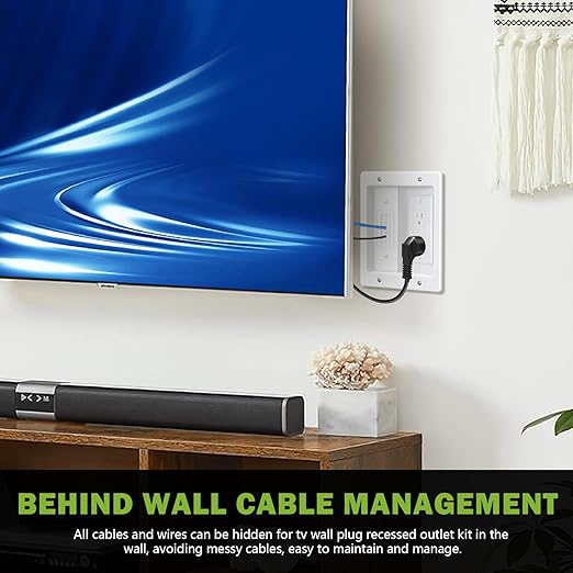 Wall Cable Concealer Management Kit, Recessed Outlet Behind TV for Wall Mount TV with Cable Management Box, in Wall TV Connection Kit Hides Power Cables & Low Voltage Wires Fits All Plugs (NO Wire)