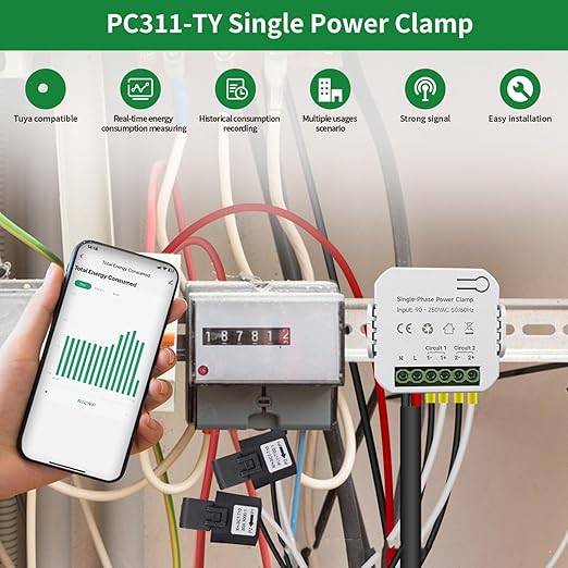 Smart Energy Monitor with 2PCS 120A CT Clamps Home Electricity Usage Meter 90-250VAC Real Time Power Consumption Tracker for Solar Grid Systems Voltage Current Frequency Monitor