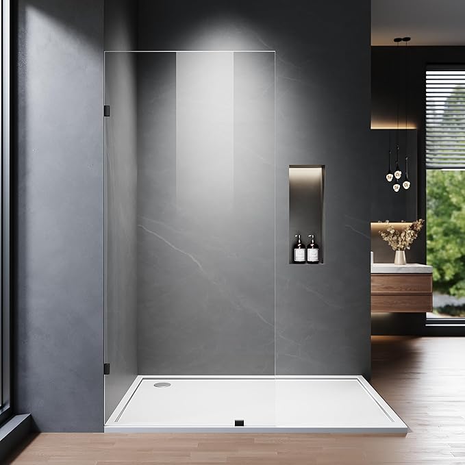 Shower Glass Panel, 34" W x 78.75" H Fixed Shower Screen Panel with 3/8"(10mm) SGCC Ultra Clear Tempered Glass, Frameless Walk in Shower Door with Easy‑Clean Coating (Matte Black, 34" W x 78.75" H)