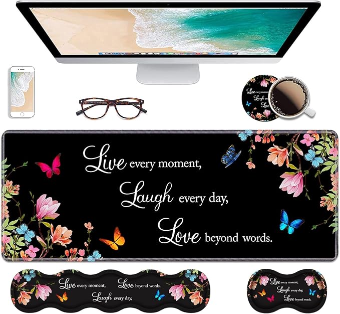 Ergonomic Keyboard Wrist Rest & Mouse Pad Wrist Rest Set,Large XXL Gaming Desk Mat 31.5"x 11.8" with Non-Slip Base, Memory Foam,Easy Typing Pain Relief for Home & Office,Floral Quote Live Laugh Love