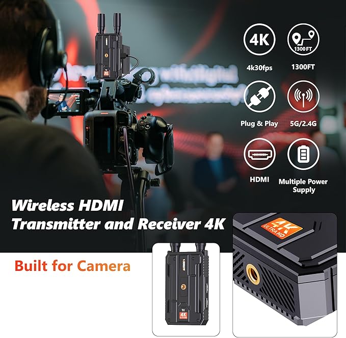 Wireless HDMI Transmitter and Receiver,Plug&Play 1300FT Los Range 4K Wireless HDMI Extender with 0.1S Latency,5G Wireless Video Transmission System for Streaming from DSLR/PC/Laptop to TV/Monitor
