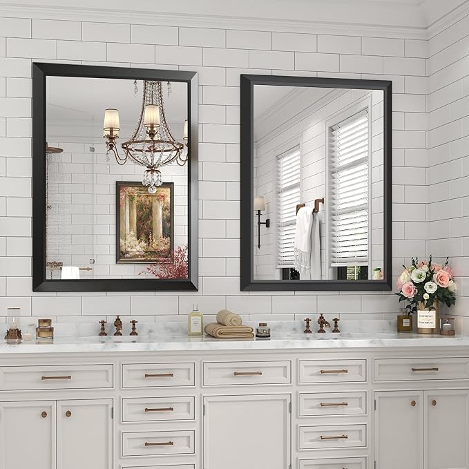 SMIROR Matte Black Bathroom Mirror for Over Sink 24x 32 inch, Metal Thick Frame Rectangle Vanity Mirror for Wall, Anti-Rust, Horizontally or Vertically Mounted