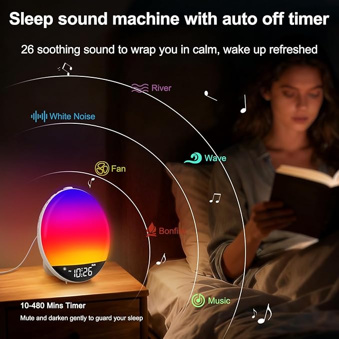 DreamSky Sunrise Alarm Clock Radio for Bedroom with Sound Machine - Dual Wake up Light Alarm Clock for Kids Adults, Digital FM Radio, Bluetooth Speaker, 26 Sleep Sounds for Baby, Dimmable Night Light
