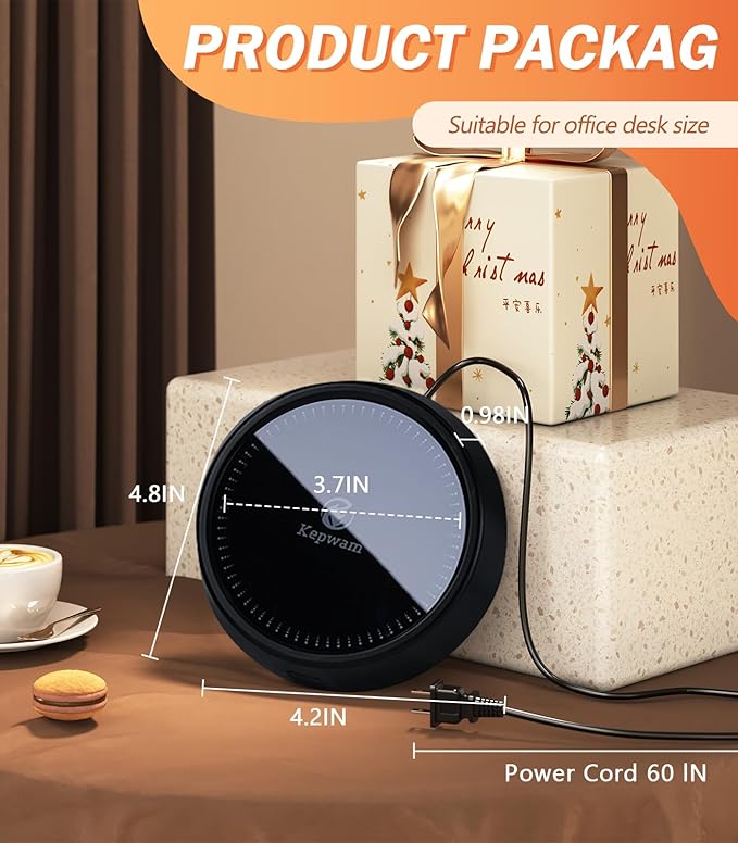 Kepwam Mug Warmer - 25W Coffee Warmer for Desk Auto Shut Off, 3-Level Temp with Indicator Lights, Smart Candle Warmer Plate, Cup Warmer Heated Coaster for Coffee, Milk, Tea, Safely Use for Office/Home