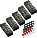 MILAPEAK Terminal Block and Strip - 10pcs (5 Sets) 5 Positions Dual Row 600V 25A Screw Terminal Blocks with Cover + 400V 25A 5 Positions Pre-Insulated Terminals Barrier Strips (Black & Red)