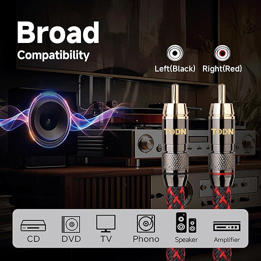 TODN RCA Stereo Cable Audiophile HiFi Interconnect Shielded RCA Cables for Home Audio Systems (16.4ft/5m, 1 Pair)