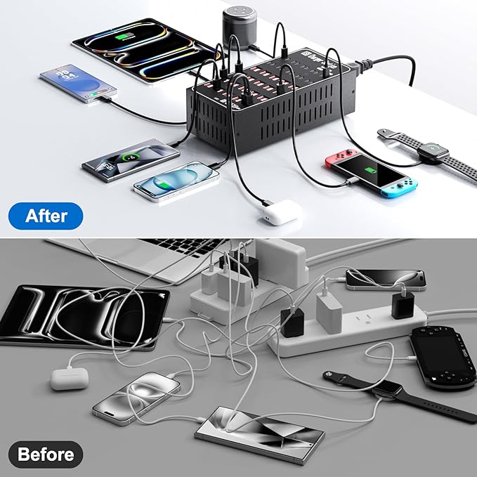 300W USB Charging Station, 60 Port USB C Charger Block, USB Charger hub for Multiple Devices, USB C Multi Charge Compatible with iPhone 17 16 15 14 13, iPad, Samsung Galaxy S23 S24, Pixel
