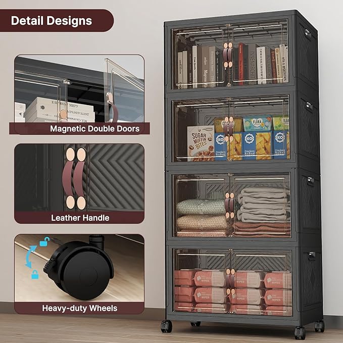 Extra Large Stackable Storage Bins with Lids & Wheels, 220QT-55QT/14GAL*4Pack Foldable Collapsible Closet Organizers Dark Storage Cabinet with Doors for Bedroom Dorm