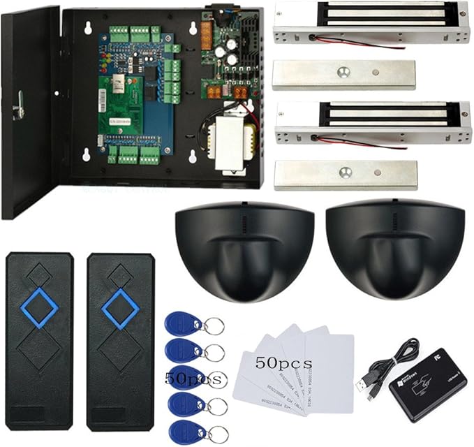 MENGQI-CONTROL TCPIP 2 Doors Magnetic Lock(600LBS) Access Control Systems Request to Exit Detector Motion Sensor 110V Metal Power Supply Box+Card & Fobs