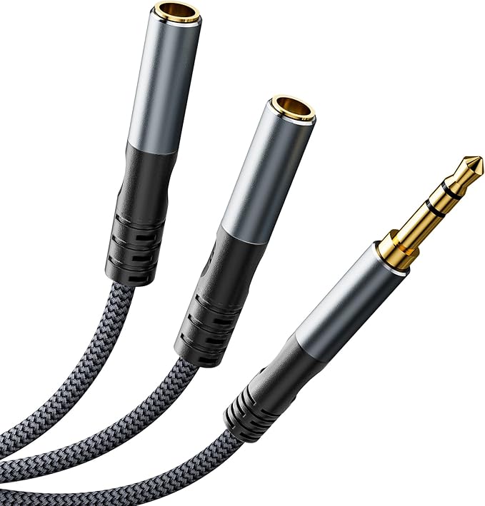 JOMLEY Headphone Splitter 1ft(0.3m), Audio Splitter 3.5mm 1 Male to 2 Female Adapter, Nylon-Braided 3.5mm Dual Headphone Jack Extension Cable for Headset, Smartphone, Tablet, Laptop