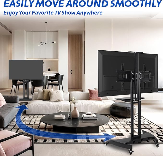 GCCSJ Rolling TV Stand with Adjustable Shelf，Portable TV Stand on Wheels for 32-75 Inch Screens，Heavy Duty Base Mobile TV Cart，132 LBS Weight Capacity， Suitable for Living Room/Bedroom/Office