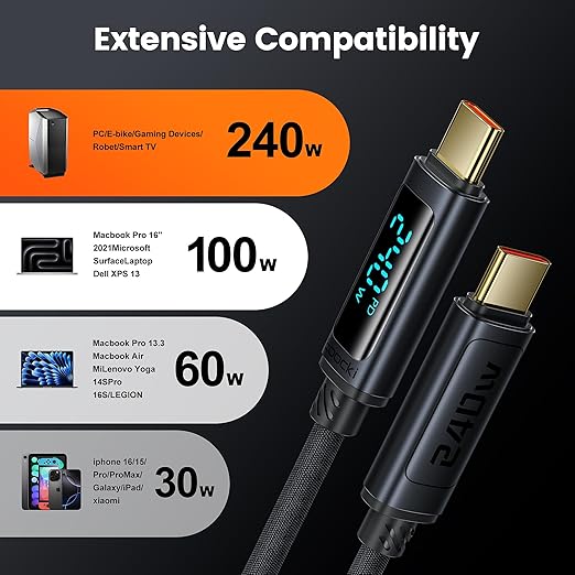 toocki USB C Cable [2Pack,3.3ft] 240W Fast Charging Cord with LED Display Compatible with iPhone 17 16 15 Pro Plus Pro Max Air, iPad Pro, Samsung Galaxy S24 S23, Switch, MacBook Air, Pixel