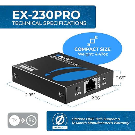 OREI HDMI Over Ethernet Extender Over Single CAT6/7 Ethernet Cable 4K@30Hz Up to 130 ft & 1080p Up to 230 ft (EX-230PRO)