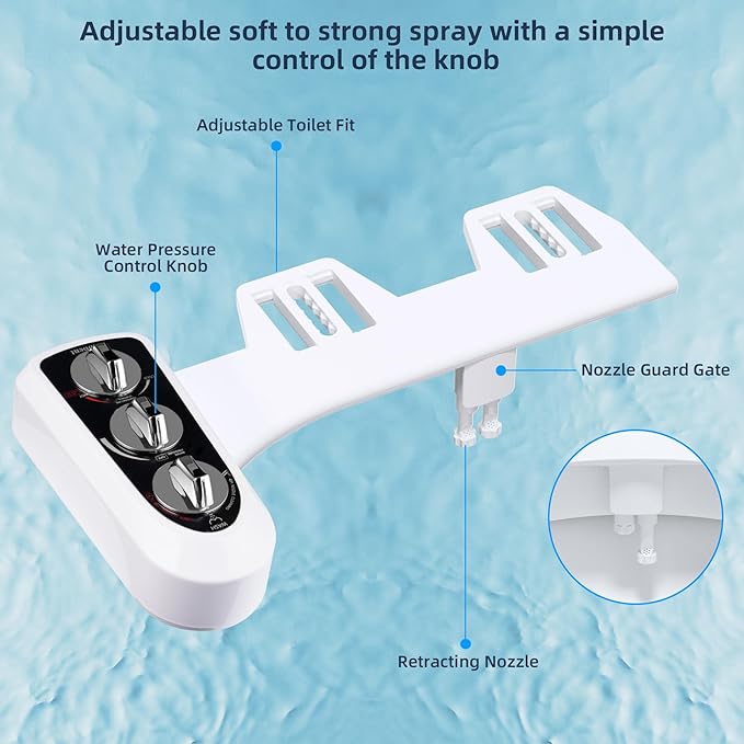 Hibbent Bidet Attachment for Toilet with Self Cleaning Dual Nozzle, Hot and Cold Water Spray Non-Electric Mechanical Toilet Seat Bidet for Rear or Female Washing Sanitizing, Black