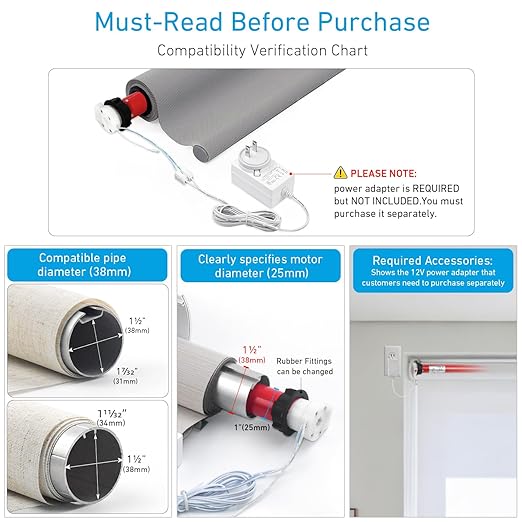 Rollerhouse DC12V EY2512 Shade Motor Electric Blind Motor Remote Control Wired Compatible with 38mm Shade Tube DIY Electric Roller Blinds/Shades