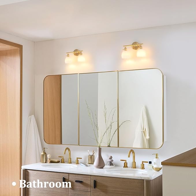 Shenmoyl Bathroom Light Fixtures, 2-Light Brass Vanity Wall Light Over Mirror with White Tulip Glass Shade for Bedroom Living Room (Bulb Not Included)