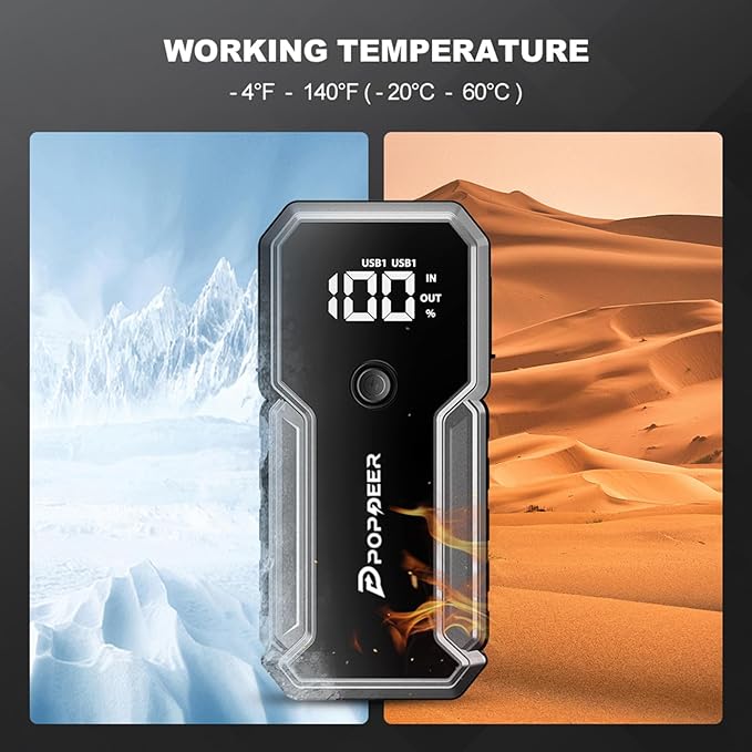 POPDEER Car Battery Jump Starter, 3000A Jump Box (All Gas/ 8.0L Diesel), 12V Car Battery Charger with Dual USB Quick Charge and DC Output, Portable Jump Starter with LED Flashlight