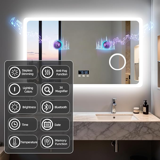 LUVODI Bathroom LED Wall Mirror: 48x24 inch Rectangle Makeup Vanity with Lights Bluetooth Speaker, Time Display, Magnifier, Anti-Fog, Memory Function, 3 Color Temperature