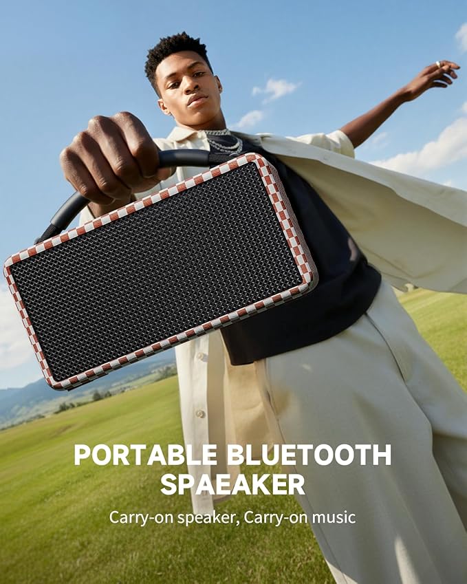 DINDIN Portable Bluetooth Speaker: 80W (Peak), 20H Playtime, Loud Wireless Wood Speakers with Bass, AUX and USB Input, Subwoofer, TWS Pairing, Vintage Speaker for Outdoor, Home, Office (Red+White)