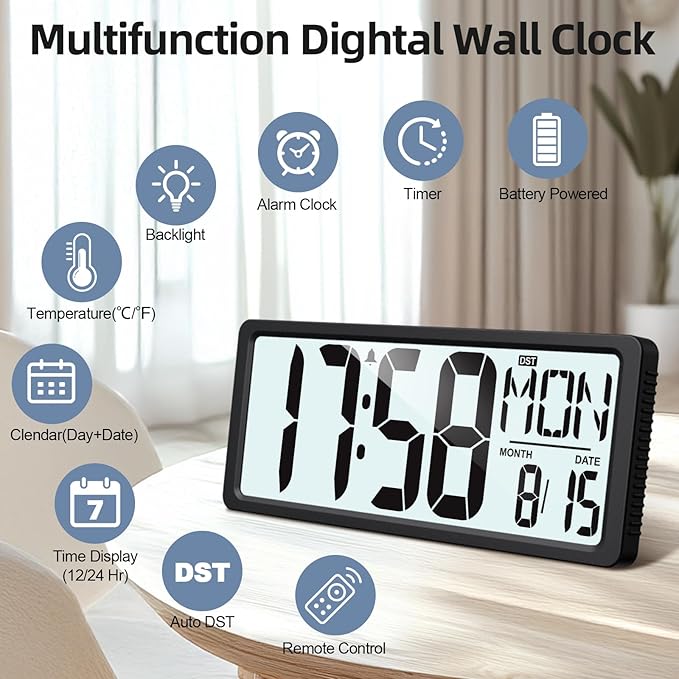XREXS Large Digital Wall Clock Battery Operated with Backlight, 15" LED Large Display Timer with Temperature Date Week Auto DST Adjustable Brightness, Alarm Clock for Classroom, Livingroom, Office