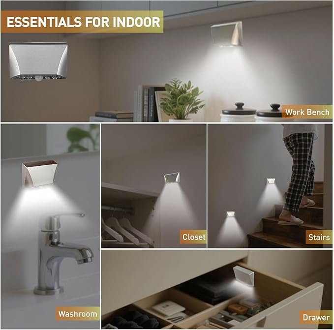 somisgarden Silver Motion Sensor Night Light for Doors, Cabinets & Stairs | 3-Way Magnetic/Adhesive/Screw Mount | Auto On/Off in Darkness | Battery-Powered LED for Hallway & Keyhole
