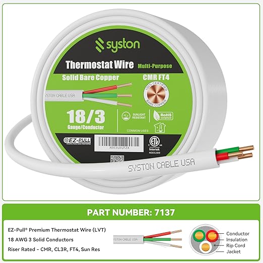 Syston 18/3 Thermostat Doorbell HVAC Heating Control Cable Wire, 100% Solid Copper Conductors CL3R/FT4/CMR Riser-Rated UL/ETL Listed, UV Resistant RoHS for Indoor/Outdoor Low Voltage Applications Use