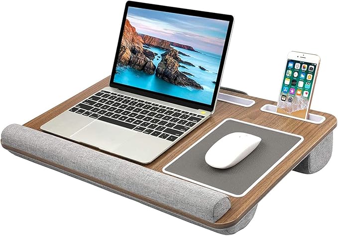 HUANUO Lap Desk - Fits up to 17 inches Laptop Desk, Built in Mouse Pad & Wrist Pad for Notebook, Laptop, Tablet, Lap Stand with Tablet, Pen & Phone Holder, Brown Woodgrain