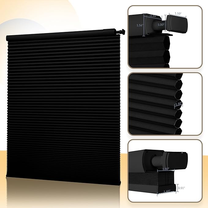Boolegon No Drill Motorized Cellular Blinds with Remote Motorized Blackout Honeycomb Blinds for Indoor Windows Easy to Install Automatic Cellular Shades for Home,Blackout Black,Custom Size