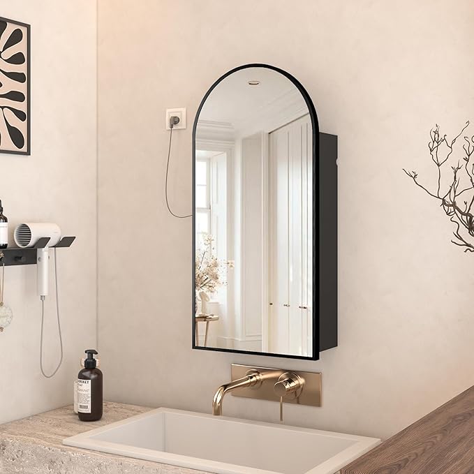 16x 32 inch Bathroom Cabinet with Mirror,Black Arched Medicine Cabinet with Outlets,Vanity Mirror with Storage,Metal Framed Wall Mounted Medicine Cabinet with Adjustable Shelf