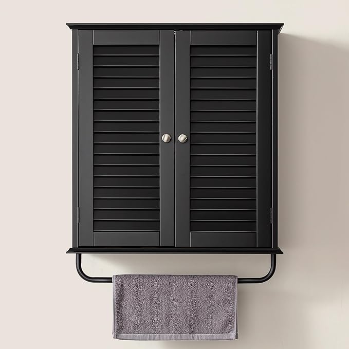 Bathroom Storage Cabinet with Adjustable Wood Shelves & Doors, Made of PDF Wood, Medicine Cabinet, Over The Toilet Storage Cabinet for Kitchen & Laundry Room Medicine Cabinet Black