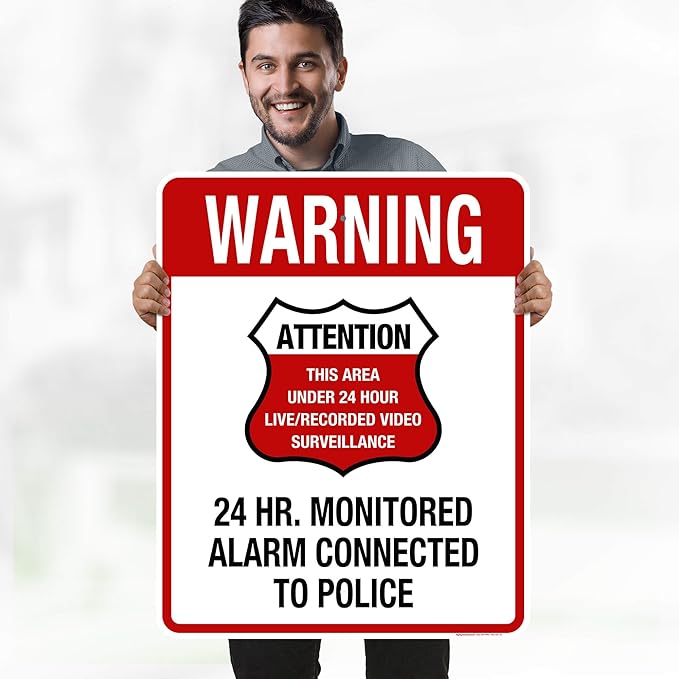 Warning 24 HR. Monitored Alarm Connected To Police Sign, 24x30 Inches, Rust Free .063 Aluminum, Fade Resistant, Made in USA by My Sign Center