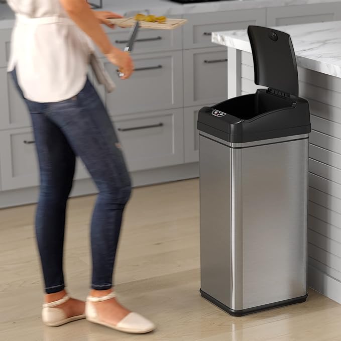 iTouchless 13 Gallon Kitchen Trash Can with Odor Filter, Automatic Motion Sensor Bin, Soft-Close Stainless Steel, Slim Wastebasket for Narrow Spaces, Silver
