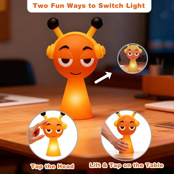 FlyPigInk Tap Night Light for Kids, Cute Ambient Lamp with 2 Brightness Levels, Eye-Caring Warm White LED, Rechargeable Nursery Light with Type-C Fast Charging, Durable Blow-Molded Design