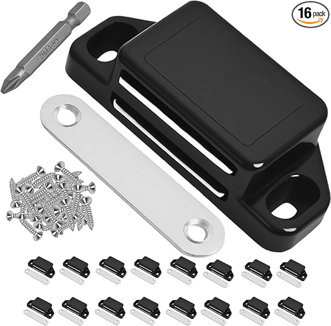 16 Pack Magnetic Push Latch,Heavy Duty Magnetic Touch Latch,for Push to Open Cabinet or Kitchen Drawer，Kitchen Door(Black - 0.98 inch, 16 Pack)