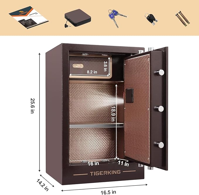 TIGERKING Large Heavy Duty Safe Box, 3.47 Cuft Digital Security Home Safe with Combination Lock Built-in Lockable Box, Dual Alarm System Safes for Home Office Business, Antique Brass
