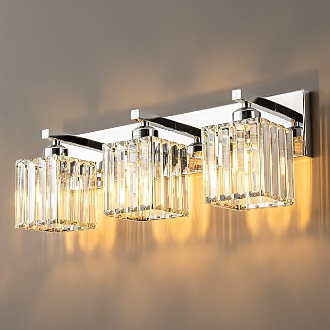 FDPBY Modern Bathroom Vanity Light 3-Lights Chrome Crystal Bathroom Wall Light Vanity Light Fixtures，20.47-inch Modern Minimalist Design