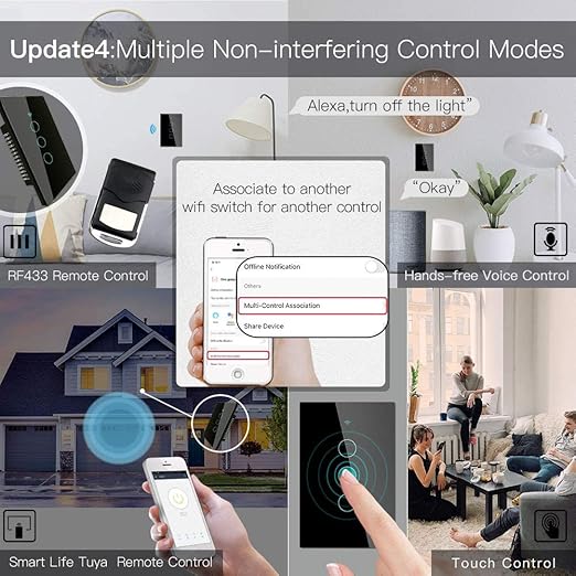 MoesGo WiFi Smart Wall Light Switch,Glass Panel, Multi-Control(3 Way), 2.4GHz Wi-Fi Touch Switches, Neutral Wire Required, Remote Control Smart Life/Tuya App, Work with Alexa, Google Home Black 3 Gang