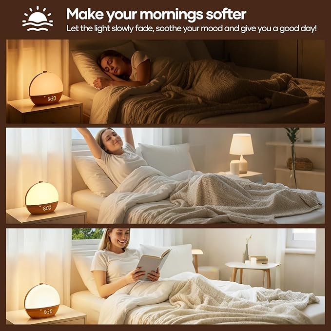 Sunrise Alarm Clock, Sound Machine, Wood Grain Dimmable Night Light for Heavy Sleepers, White Noise Machine for Baby, Dual Alarm Function 30 Sleep Sounds, Wake Up Light with 17 Effects