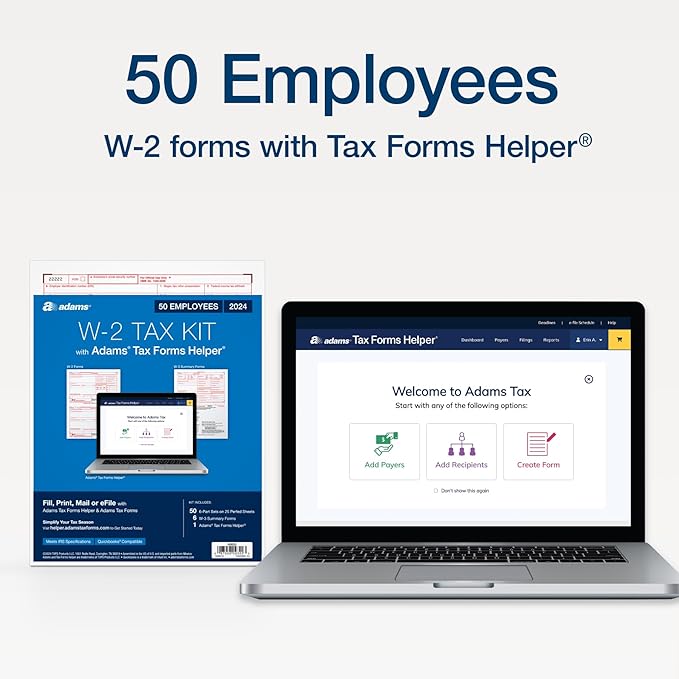 Adams 2024 W2 Tax Forms 2024, 6 Part Laser/Inkjet Tax Forms, 50 Employees, Includes 6 W3 Forms, Access to Tax Forms Helper (1009322)