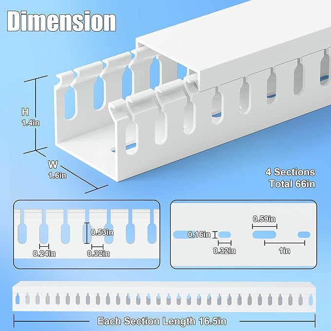 ZhiYo 66in(4X L16.5in) Professional Server Rack Cable Management Raceway, H1.4in x W1.6in Cable Raceway Kit, Electrically Safe PVC Open Slot Wire Raceway for Under Desk/Computer/Network Cords, White