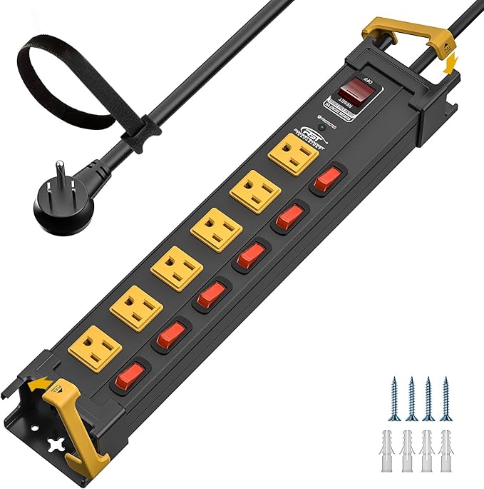CRST 6 Outlets Heavy Duty Metal Power Strip with Individual Switches, 15A/1875W 1020Joules Surge Protector Power Strip with Cord Manager for Garage, Shop, Workspace, Home, Office, School. 6FT Cord