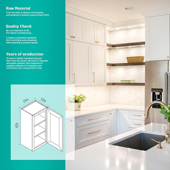 Wall Kitchen Cabinets, RTA Cabinets, White Shaker Cabinet, Wall Mounted, RTA Upper Cabinet, Modern for Kitchen and Bathroom with Door (White, 21" W x 42" H x 12" D)