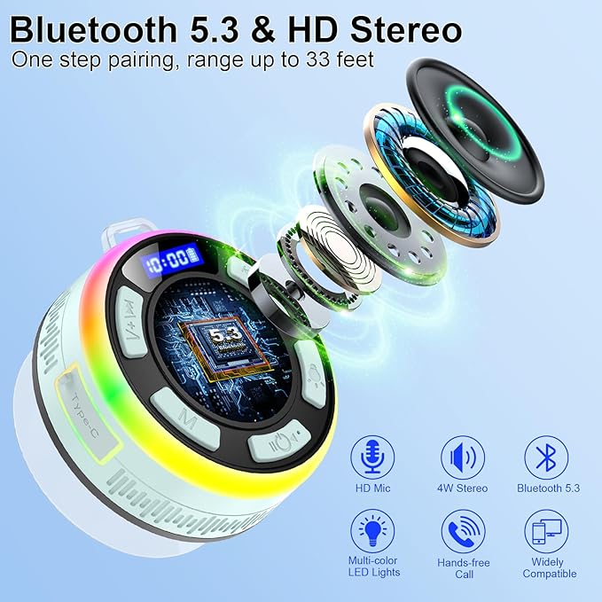 IPX7 Waterproof Shower Bluetooth Speaker, Portable Small Speaker with Suction Cup and Time Display, Loud Crystal Sound & Bass 10H Playtime 1100mAh, Wireless Shower Speakers for Pool, Beach Gift Cyan
