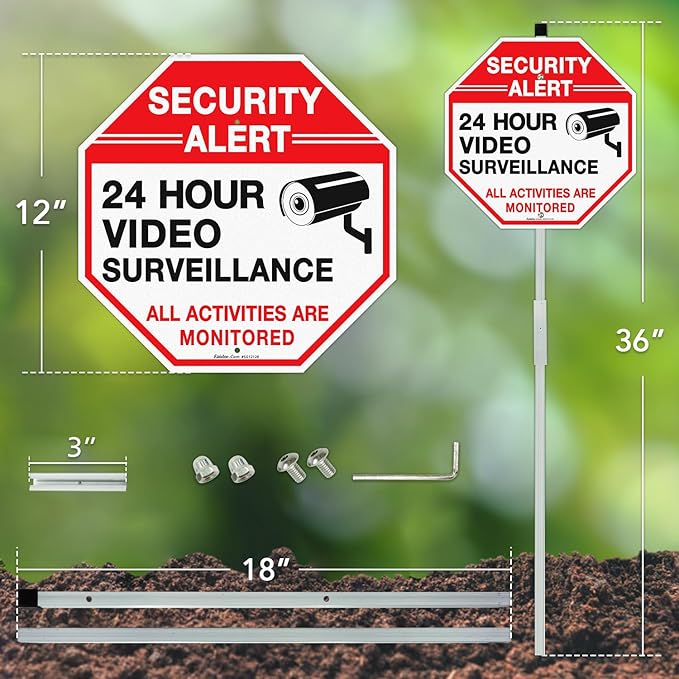 Faittoo Security Sign Video Surveillance Sign with 36" Stake for Outside, 4-Pack 12"x12" Rust Free Heavy Aluminum, Reflective, Fade Resistant, 2 pre-drilled holes, Includes Matching Screws & Wrench,